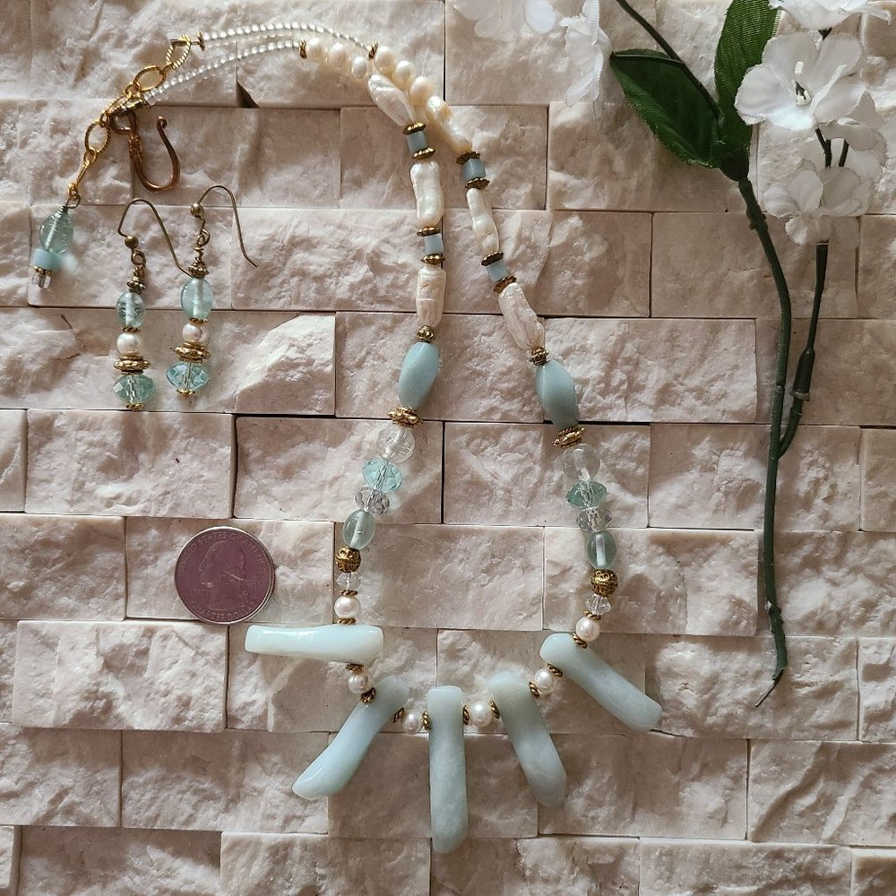 Amazonite "Tongues", Crystal & Fresh Water Pearls